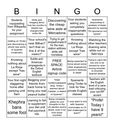 Auxiliar FB group yearly experiences Bingo Card