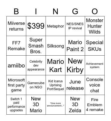 Switch 2 Bingo Card