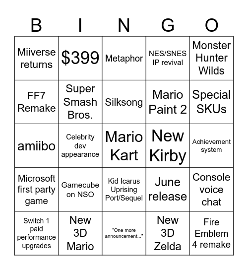 Switch 2 Bingo Card