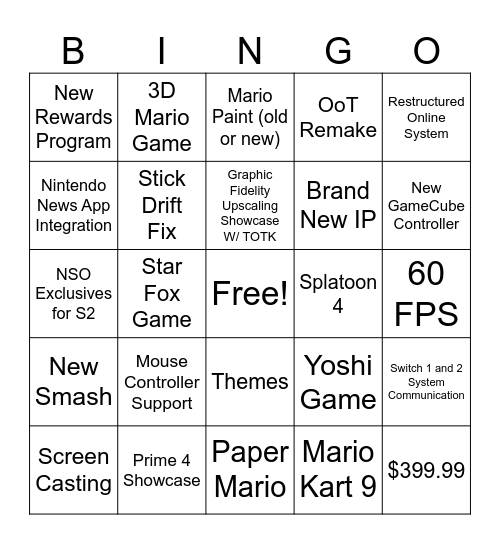 Switch 2 Direct Bingo Card