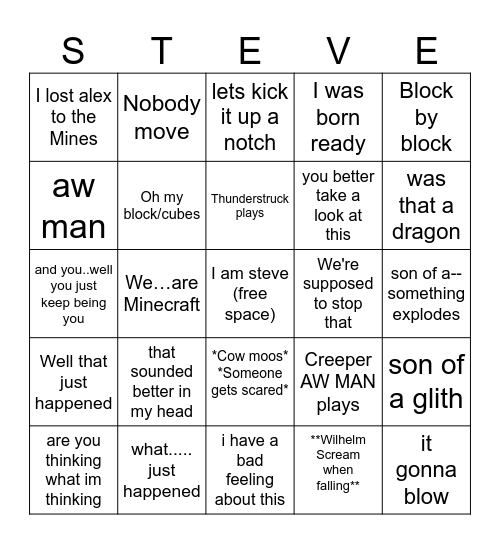 MineCraft Movie Bingo Card