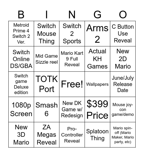 Nintedo Switch 2 Direct Bingo Card