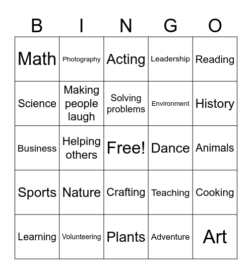 Follow your Passions Bingo Card
