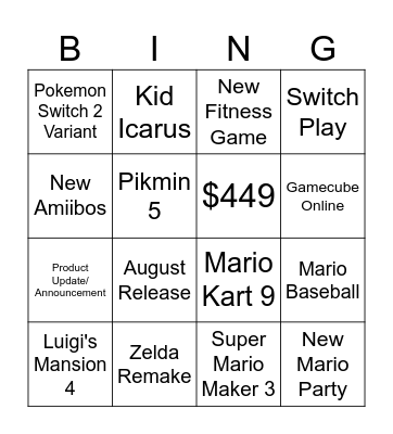 Switch 2 Bingo Card