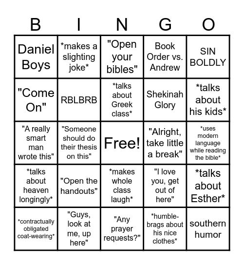 Dr. J's BT Bingo Card