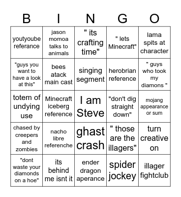minecraft movie bingo Card