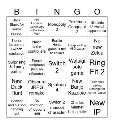 Nintendo Switch 2 Direct Bingo Card