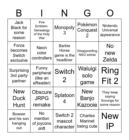 Nintendo Switch 2 Direct Bingo Card