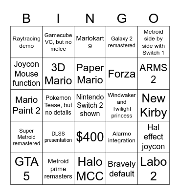 Switch 2 Bingo Card