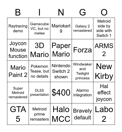 Switch 2 Bingo Card