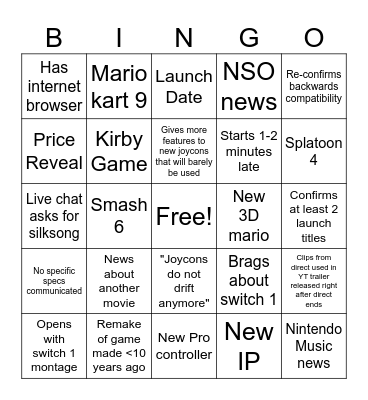 Nintendo Switch 2 Bingo Card