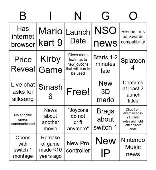 Nintendo Switch 2 Bingo Card