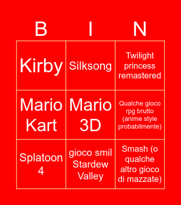 Nintendo direct Bingo Card