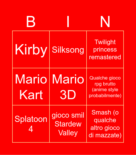 Nintendo direct Bingo Card