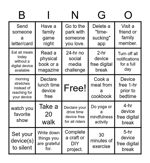 Digital Detox Bingo Card