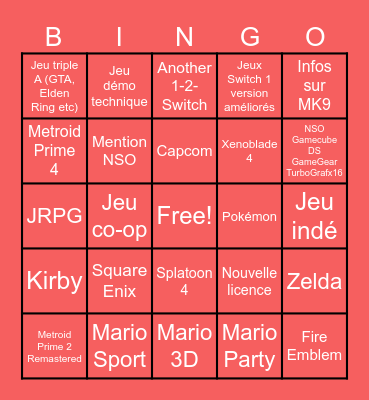 Nintendo Switch 2 Direct Bingo Card