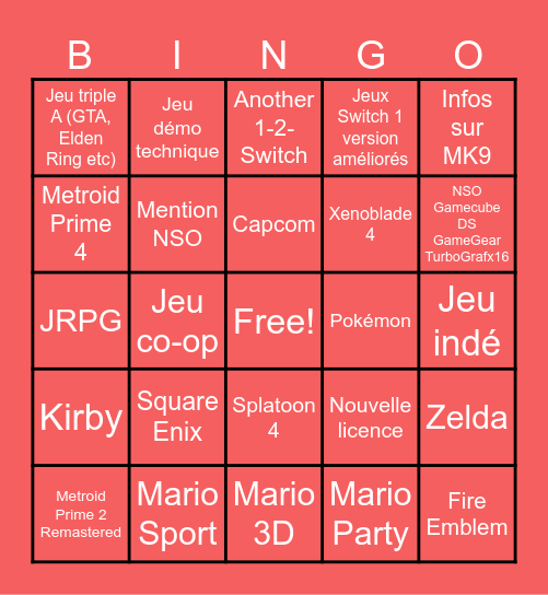 Nintendo Switch 2 Direct Bingo Card