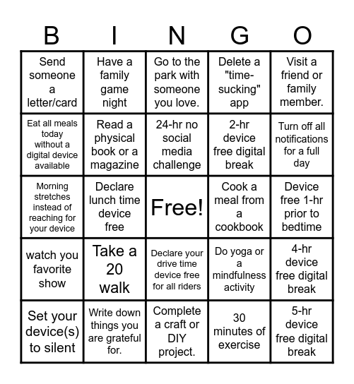 Digital Detox Bingo Card