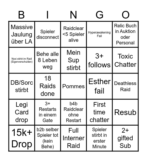 Raid Bingo Card
