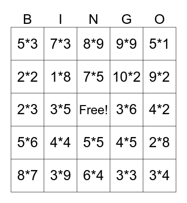 Multiplication Bingo Card