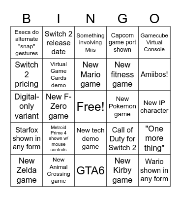 Nintendo Switch 2 Direct Bingo Card