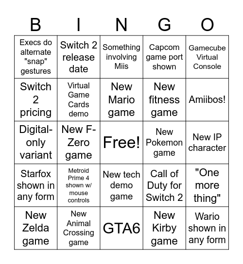 Nintendo Switch 2 Direct Bingo Card