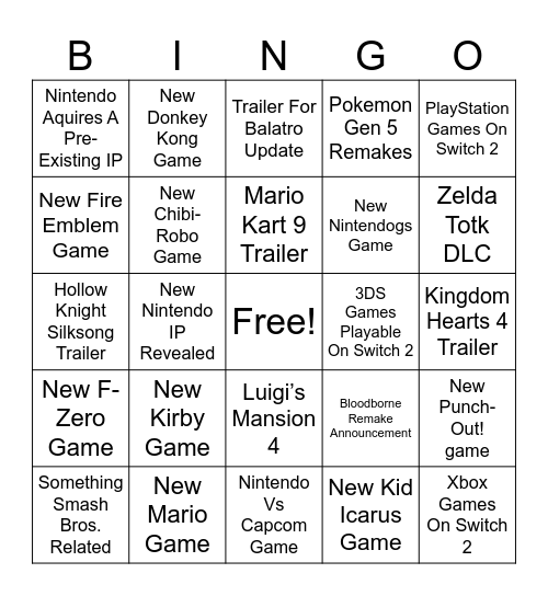 Nintendo Switch 2 Predictions Bingo Card