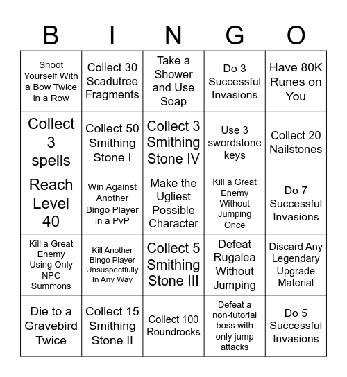 Elden Ring Shadow of the Erdtree DLC Bingo Card