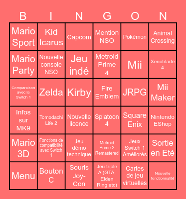 Nintendo Switch 2 Direct Bingo Card