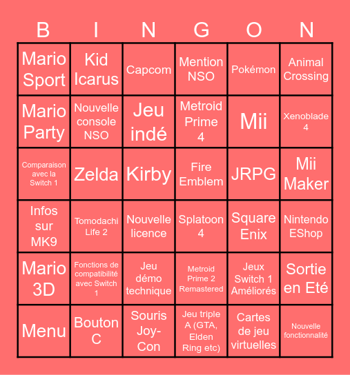 Nintendo Switch 2 Direct Bingo Card