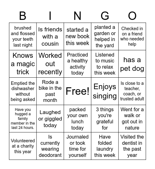 Sources of Strength Bingo Card