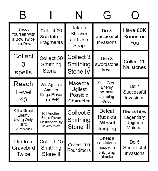 Elden Ring Shadow of the Erdtree DLC Bingo Card