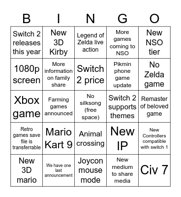 Nintendo Direct Bingo Card