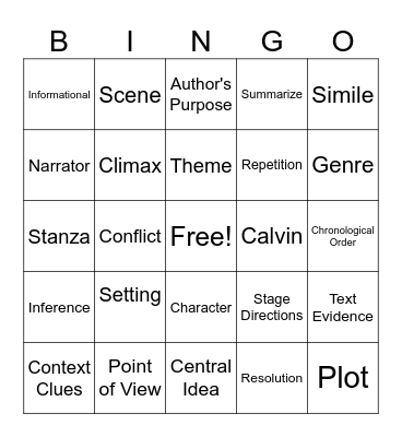 Reading Vocabulary Bingo Card