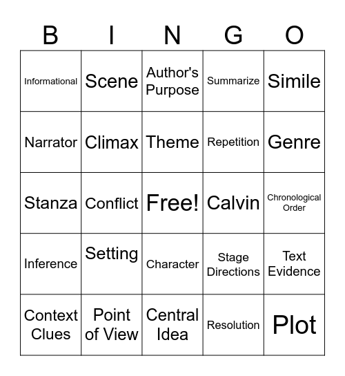 Reading Vocabulary Bingo Card