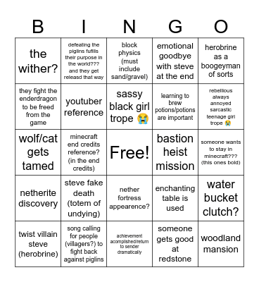 Minecraft Movie Bingo Card
