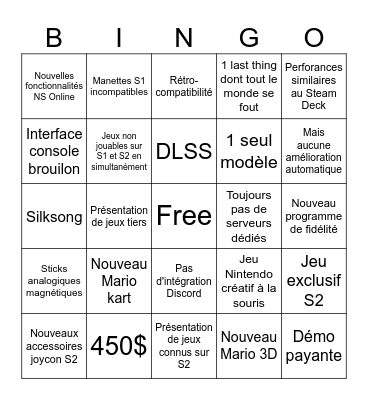 Nintendo direct Switch 2 Bingo Card