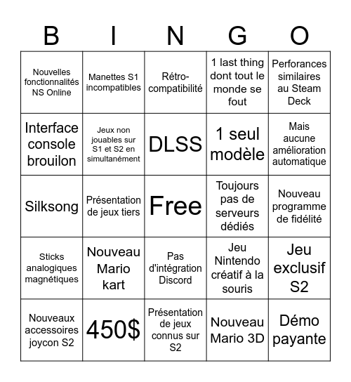 Nintendo direct Switch 2 Bingo Card