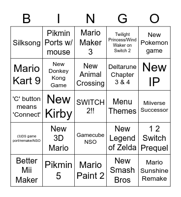 NINTENDO DIRECT Bingo Card