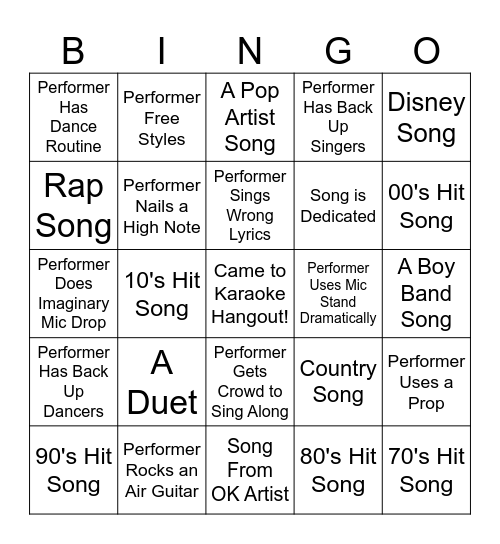 Curbside Karaoke Bingo Card