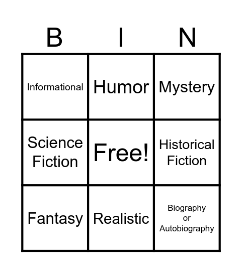 April Genre Reading Challenge Bingo Card