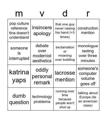 Architecture Class Bingo Card