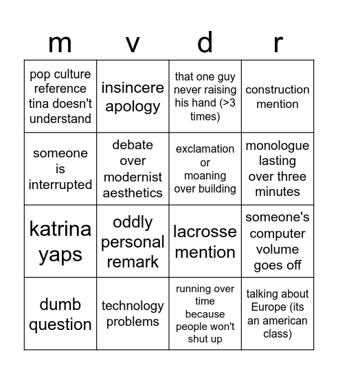 Architecture Class Bingo Card