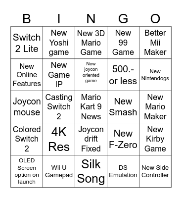 Switch 2 Bingo Card