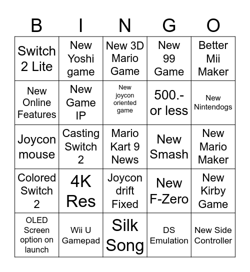 Switch 2 Bingo Card