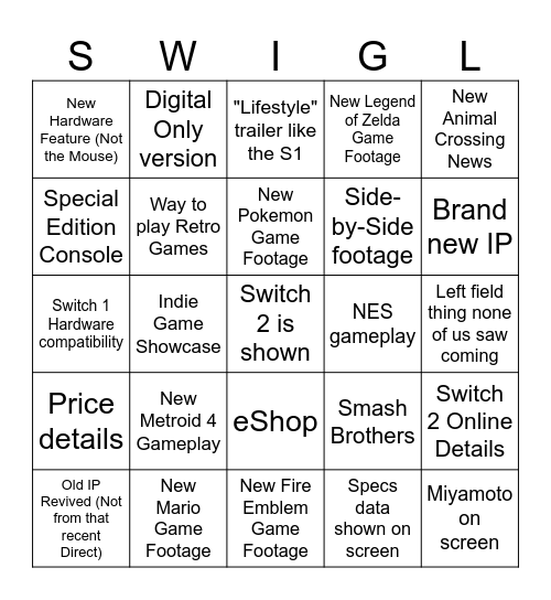 Switch 2 BINGO BINGO BING BING BINGO Card