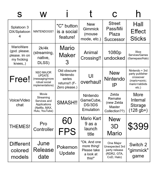 switch 2 bingo! <3 Bingo Card
