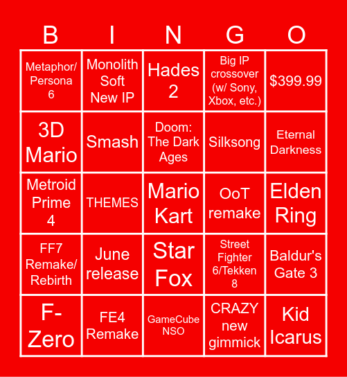 Nintendo Direct - Switch 2 Bingo Card