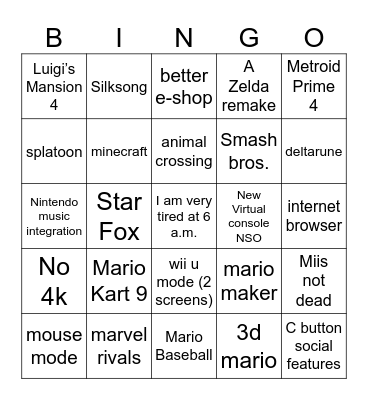 Switch 2 Bingo Card