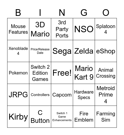 Nendo Switch 2 Bingo Card